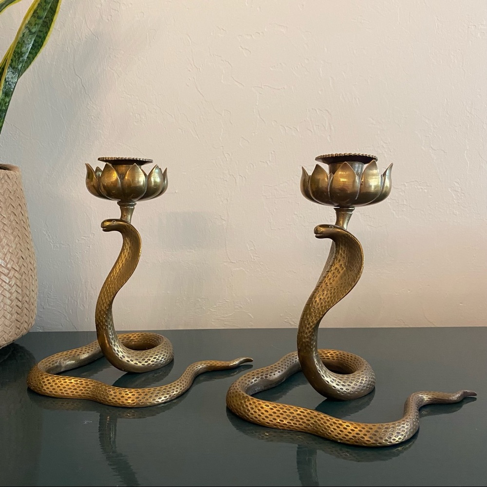 Vintage Pair of Brass Cobra Lotus Candle Holders Candlesticks Snake